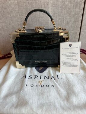 Aspinal of London Dark Green Croc-Embossed Mini Trunk Bag like new!